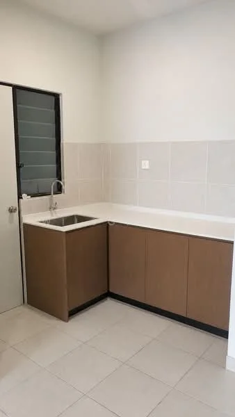 Kitchen features: single-bowl stainless-steel sink, chrome pull-down faucet, laminate countertop, brown cabinetry, white tiled backsplash, light grey wall tiles, cream floor tiles, door leading to another room; style: modern.