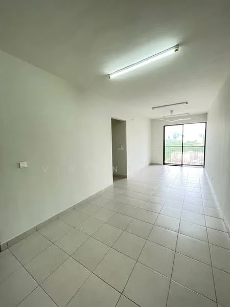 Room features: white painted walls, tile flooring, large glass sliding door, natural light from window, ceiling lights, neutral color scheme, open layout, view of outdoor space; style: modern; view: garden.