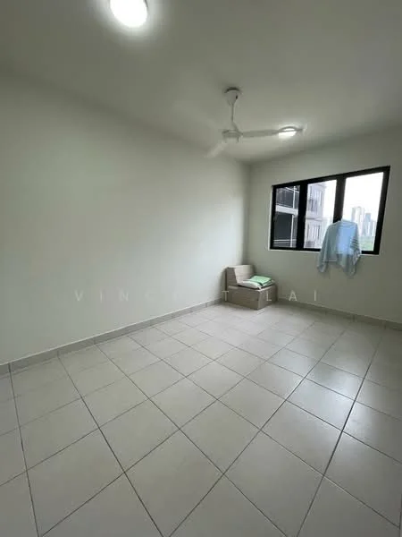 Room features: white painted walls, tile flooring, ceiling fan, large window, natural light, corner seating area, neutral color scheme; style: modern; view: city.