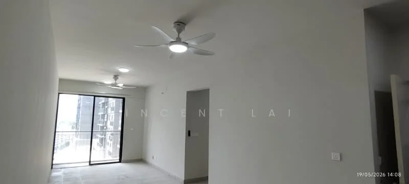 Room features: white painted walls, ceiling with recessed downlights, 2 ceiling fans, large sliding glass door, floor-to-ceiling windows, neutral tile flooring, balcony access, open layout; style: modern; view: city.