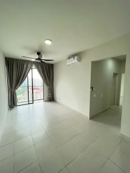 Living features: white painted walls, tile flooring, 5-blade ceiling fan with light, wall-mounted split AC, floor-to-ceiling windows, sheer curtains, sliding glass door, balcony view; style: modern; view: city.