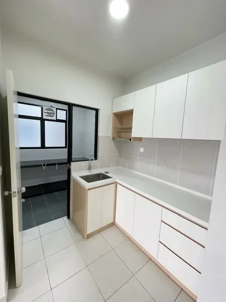 Kitchen features: white cabinetry with wood accents, single-bowl stainless-steel sink, chrome pull-down faucet, white countertop, grey tiled backsplash, ceramic tile flooring, recessed downlights, wall-mounted cabinets, open shelving, window for natural light; style: modern.
