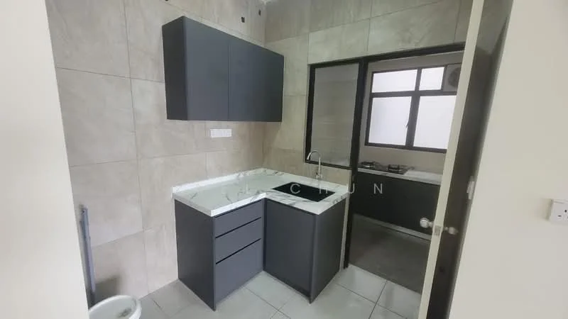 Kitchen features: grey cabinetry, marble countertop, single-bowl stainless-steel sink, chrome pull-down faucet, wall-mounted cabinets, tile backsplash, ceramic tile flooring, window for natural light; style: modern.