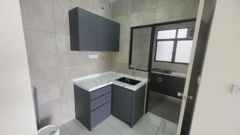 Kitchen features: grey cabinetry, marble countertop, single-bowl stainless-steel sink, chrome pull-down faucet, wall-mounted cabinets, tile backsplash, ceramic tile flooring, recessed downlights; style: modern.