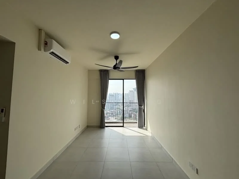 Living features: floor-to-ceiling windows, city view, light grey walls, recessed downlights, 5-blade ceiling fan, sliding glass door, grey curtains, tile flooring, wall-mounted split AC; style: modern.