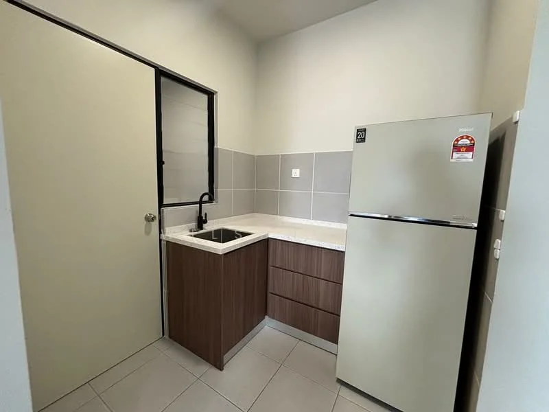 Kitchen features: single-bowl stainless-steel sink, black gooseneck faucet, light grey tiled backsplash, white countertop, wood cabinetry with brown finish, refrigerator, grey tiled flooring, wall-mounted cabinet, window with black frame; style: modern.