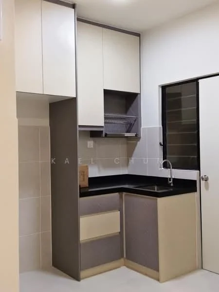 Kitchen features: black granite countertop, light beige cabinetry, grey lower cabinets, stainless-steel sink, chrome pull-down faucet, tile backsplash, built-in dish rack, single-bowl sink, floor-to-ceiling cabinets, window with black frame; style: modern.