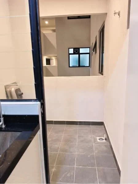 Room features: grey floor tiles, white painted walls, black countertop, sink, window, door frame, light fixture, open space, drainage outlet; style: modern.