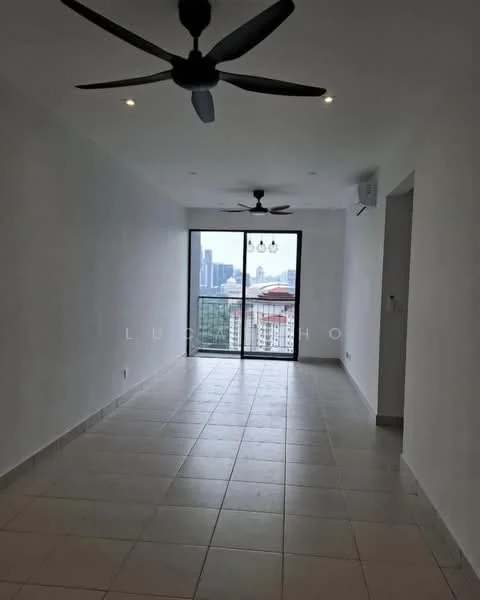 Living features: light grey tiled flooring, white painted walls, 2 ceiling fans, large sliding glass door, floor-to-ceiling windows, city skyline view, recessed downlights, hanging pendant lights; style: modern; view: city.