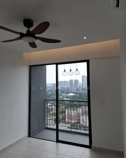 Room features: floor-to-ceiling sliding glass door, 5-blade ceiling fan with light, recessed downlights, hanging pendant lights, white painted walls, tile flooring, balcony view of city skyline; style: modern; view: city.