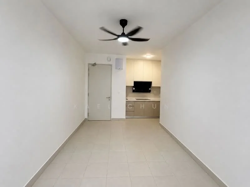 Room features: white painted walls, light grey tiled flooring, 5-blade ceiling fan with light, recessed downlights, kitchen cabinetry in light colour, built-in kitchen countertop, wall-mounted TV, door to hallway; style: modern.