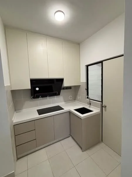 Kitchen features: white upper cabinets, beige lower cabinets, black built-in oven, black cooktop, single-bowl stainless-steel sink, chrome pull-down faucet, white countertop, tile backsplash, light-colored tile flooring, recessed ceiling light, window with sliding glass, door to exterior; style: modern.