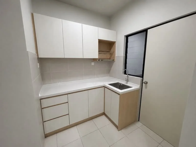 Kitchen features: white cabinetry with wood accents, single-bowl stainless-steel sink, chrome pull-down faucet, white countertop, tile backsplash, ceramic tile flooring, built-in upper cabinets, lower cabinets with drawers, window with black frame, door leading to another room; style: modern.