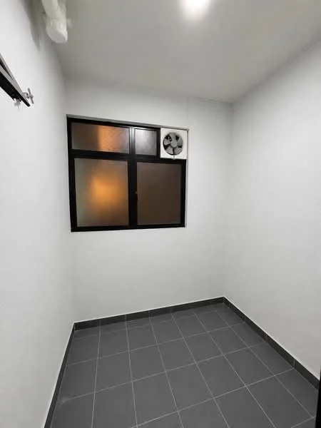 Room features: white painted walls, grey tiled flooring, black framed window, window with frosted glass, wall-mounted split AC, ceiling light; style: modern.