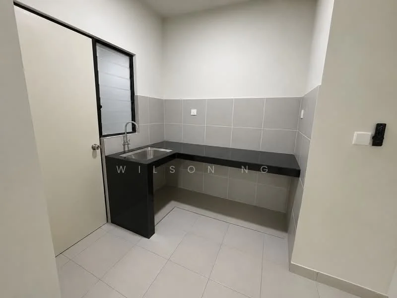 Laundry features: black countertop, single-bowl stainless-steel sink, chrome pull-down faucet, grey tiled walls, light grey floor tiles, wall-mounted cabinet, window for natural light, door leading to another room; style: modern.