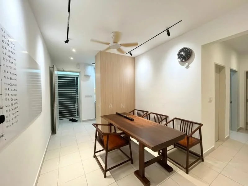 Dining features: wooden dining table, 4 wooden dining chairs, ceiling fan with light, white painted walls, tile flooring, wall clock, track lighting, partition wall, sliding door to outside; style: modern.