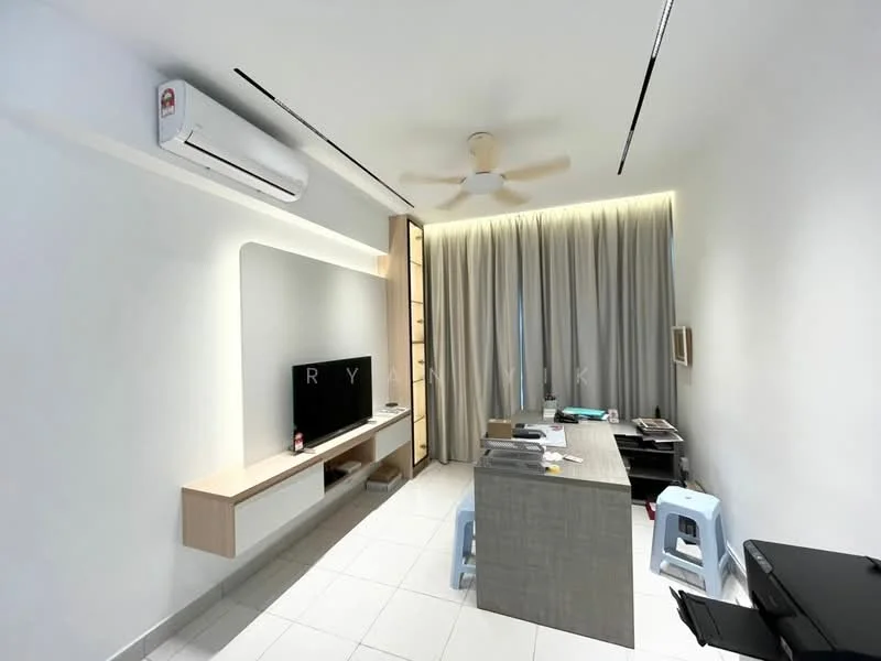 Living features: white painted walls, tile flooring, 5-blade ceiling fan, wall-mounted TV, light wood TV console, light wood shelving unit, curtains, desk, two blue stools, printer, decorative wall lighting; style: modern.