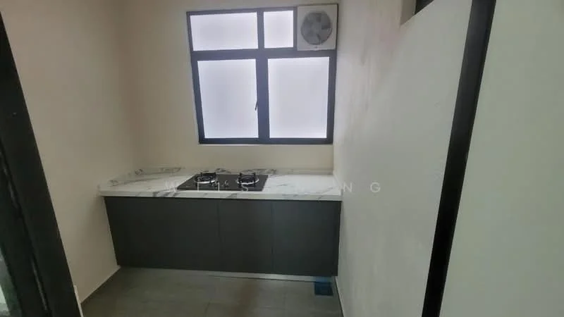 Kitchen features: black cabinetry, white marble countertop, double-burner gas hob, wall-mounted exhaust fan, grey tile flooring, single window with frosted glass, minimalist design; style: modern.