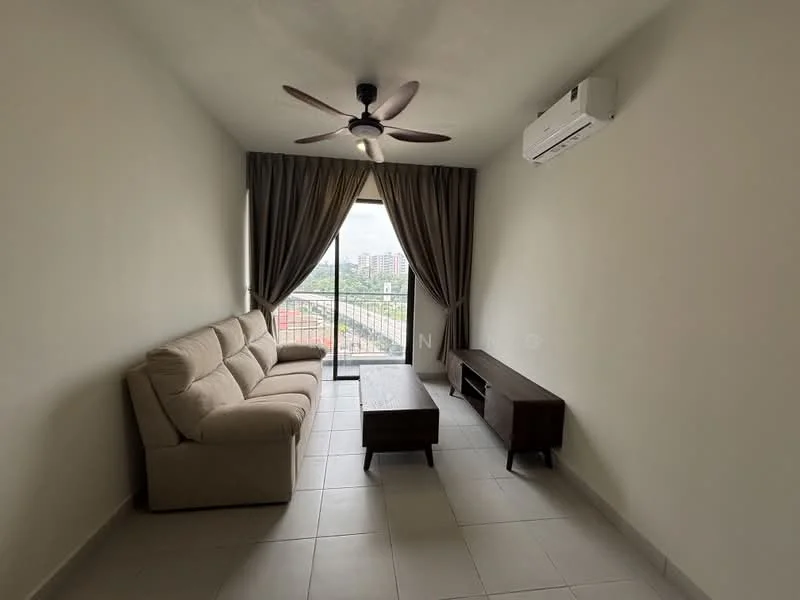 Living features: 3-seater fabric sofa in beige, wood coffee table, wood TV console, floor-to-ceiling windows, sheer curtains, wall-mounted split AC, ceiling fan with light, light grey tiled flooring, neutral painted walls; style: modern; view: city.