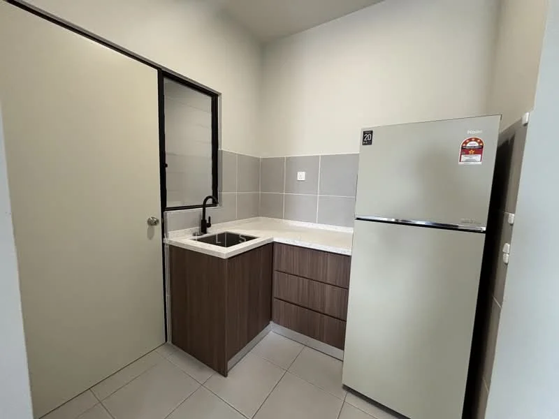 Kitchen features: single-bowl stainless-steel sink, chrome pull-down faucet, laminate countertop, brown wood cabinetry, white tiled backsplash, stainless-steel fridge, grey tiled flooring, wall-mounted cabinet, floor-to-ceiling window, light grey walls; style: modern.