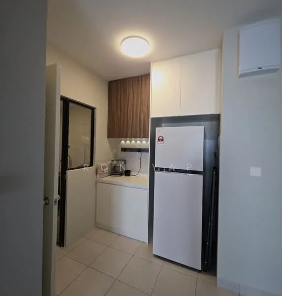 Kitchen features: white cabinetry, wooden upper cabinets, stainless-steel fridge, built-in countertop, sink, microwave, tile flooring, recessed ceiling light, window, laundry area, wall-mounted speaker; style: modern.