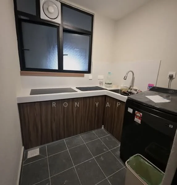 Kitchen features: white countertop, dark wood cabinetry, black fridge, single-bowl stainless-steel sink, chrome pull-down faucet, ceramic tile flooring, window with black frame, wall-mounted air conditioning unit, kitchen appliances on countertop; style: modern.