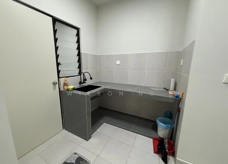 Laundry features: single-bowl stainless-steel sink, chrome pull-down faucet, grey tiled countertop, grey tiled backsplash, white walls, light grey floor tiles, window with horizontal slats, built-in cabinetry, waste bin, cleaning supplies, floor mat; style: modern.
