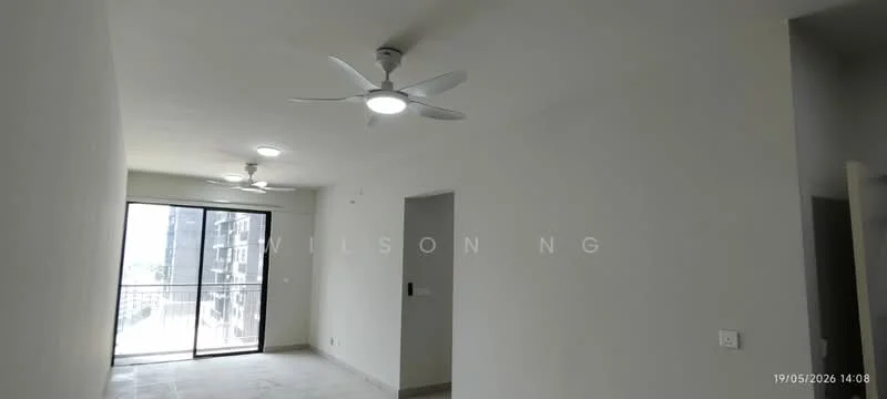 Living features: white painted walls, concrete flooring, 2 ceiling fans with integrated LED lights, floor-to-ceiling windows, sliding glass door, balcony access, neutral color scheme, no visible furniture; style: modern; view: city.