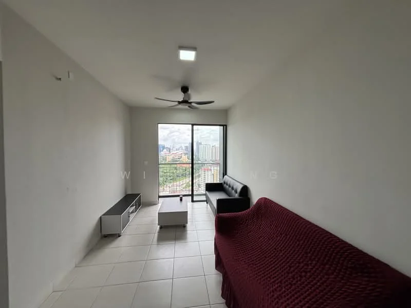 Living features: white painted walls, tile flooring, 5-blade ceiling fan with light, floor-to-ceiling windows, black sofa, red throw blanket on sofa, white coffee table, TV console, city view; style: modern; view: city.