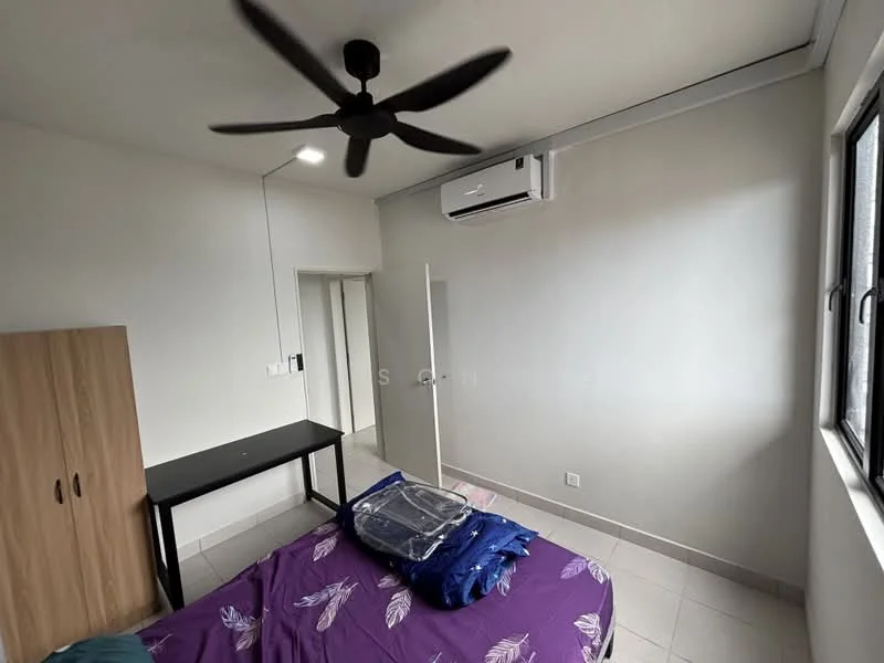 Bedroom features: 5-blade ceiling fan, wall-mounted split AC, queen-size bed with purple bedding, wooden wardrobe, study desk, tile flooring, white painted walls, window with natural light; style: modern.
