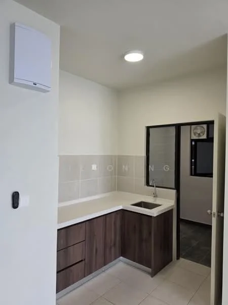 Kitchen features: L-shaped countertop, white solid surface countertop, brown wooden cabinetry, single-bowl stainless-steel sink, chrome pull-down faucet, wall-mounted water heater, recessed ceiling light, tile flooring, white painted walls; style: modern.