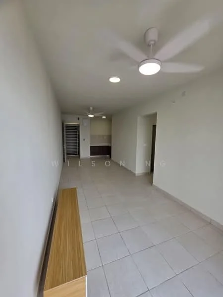 Room features: white painted walls, tile flooring, 5-blade ceiling fan with light, recessed downlights, wooden bench, doorway leading to another room, sliding door, air conditioning unit; style: modern.