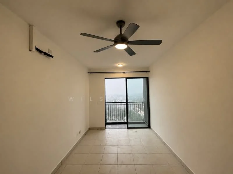 Living features: white painted walls, tile flooring, 5-blade ceiling fan with light, floor-to-ceiling sliding glass door, balcony access, city view, recessed ceiling lights; style: modern; view: city.