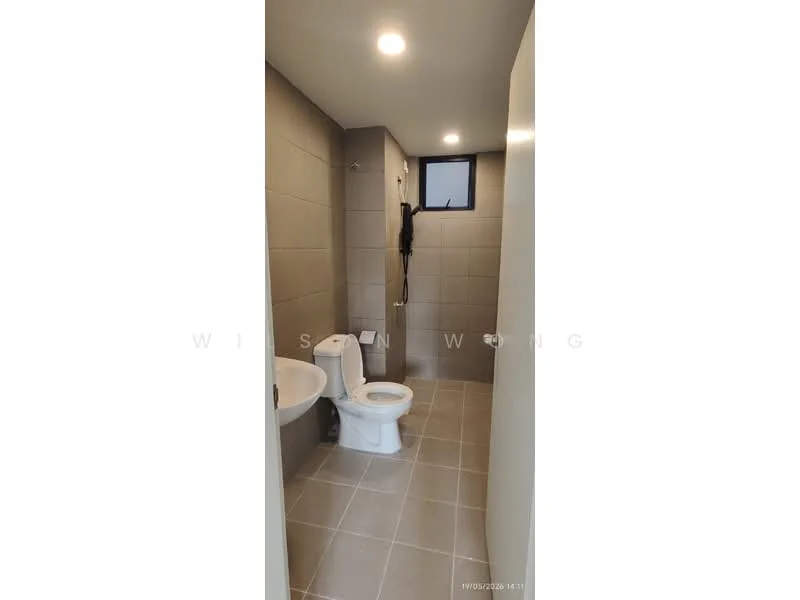 Bathroom features: grey tiled walls, light grey tiled flooring, one-piece toilet, wall-mounted basin, chrome basin mixer, shower area with handheld shower, window for natural light, recessed ceiling lights; style: modern.