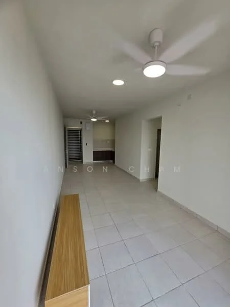 Room features: white painted walls, tile flooring, 5-blade ceiling fan with light, recessed downlights, wooden bench, doorway leading to another room, window with blinds, air conditioning unit; style: modern.