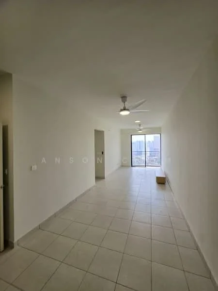 Living features: white painted walls, tile flooring, 5-blade ceiling fan, large sliding glass door, floor-to-ceiling windows, natural light, neutral color palette, open layout; style: modern; view: city.