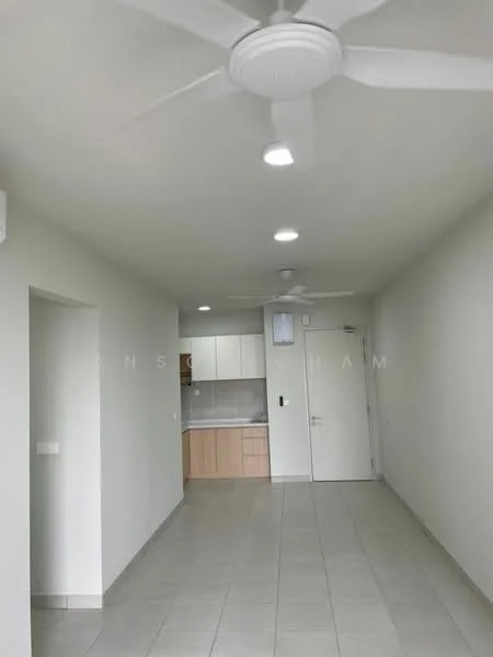 Living features: white painted walls, tile flooring, 5-blade ceiling fan with light, recessed LED downlights, open layout, kitchen area visible, wood cabinetry in kitchen, countertop in kitchen; style: modern.