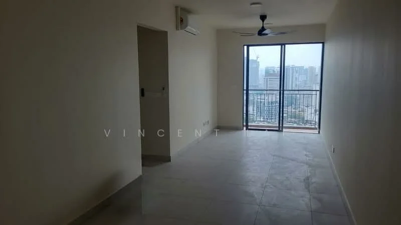 Living features: light grey tiled flooring, white painted walls, 5-blade ceiling fan with light, floor-to-ceiling windows, balcony access, city skyline view, wall-mounted air conditioning unit, recessed downlights; style: modern; view: city.