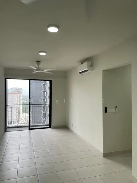 Living features: white painted walls, tile flooring, 5-blade ceiling fan with light, wall-mounted split AC, floor-to-ceiling windows, sliding glass door, balcony access, neutral color scheme; style: modern; view: city.