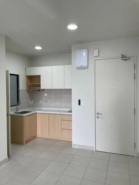 Kitchen features: white upper cabinets, wood lower cabinets, grey tile backsplash, single-bowl stainless-steel sink, chrome pull-down faucet, built-in oven, ceramic tile flooring, recessed LED downlights, window above sink, countertop space, door leading to hallway; style: modern.