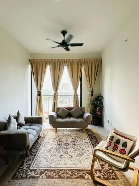 Living features: 3-seater fabric sofa in grey, 2-seater fabric sofa in beige, wooden armchair, area rug with intricate pattern, floor-to-ceiling windows, sheer curtains, ceiling fan, decorative throw pillow, wall-mounted decor, light-colored painted walls; style: modern; view: city.