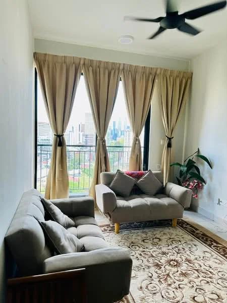Living features: 2-seater fabric sofa in grey, armchair with cushions, area rug with floral pattern, floor-to-ceiling windows, curtains in beige, ceiling fan, decorative plant, wall-mounted light fixture; style: modern; view: city.