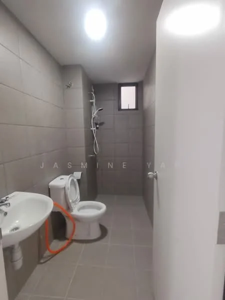 Bathroom features: grey tiled walls, light grey floor tiles, single-sink vanity with chrome faucet, one-piece toilet, shower with wall-mounted faucet, small window, ceiling light, towel rail; style: modern.