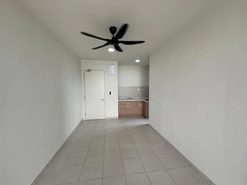 Room features: light grey painted walls, tile flooring, 5-blade ceiling fan, recessed LED downlights, kitchenette with brown cabinetry, countertop, single-bowl stainless-steel sink, wall-mounted faucet, white backsplash, door leading to hallway; style: modern.