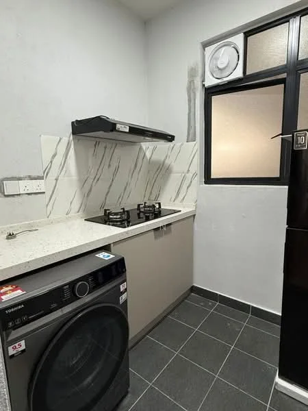 Kitchen features: grey and white marble-patterned backsplash, white countertop, built-in gas hob with two burners, stainless-steel range hood, dark cabinetry, black front-load washing machine, black refrigerator, sliding window with frosted glass, grey tiled flooring, wall-mounted ventilation fan; style: modern.