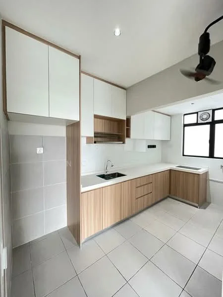 Kitchen features: white upper cabinets, wood lower cabinets, black countertop, single-bowl stainless-steel sink, chrome pull-down faucet, built-in oven, ceramic tile flooring, recessed downlights, ceiling fan, window with black frame, grey tiled backsplash; style: modern.