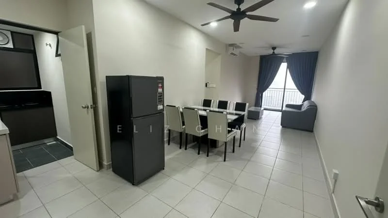 Living features: grey fabric sofa, 4-seater dining table, white dining chairs, black refrigerator, ceiling fan, floor-to-ceiling windows, curtains, tile flooring, air conditioning unit; style: modern; view: city.