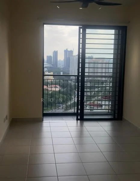 Room features: floor-to-ceiling windows, sliding glass door, grey tiled flooring, ceiling fan, city skyline view; view: city.