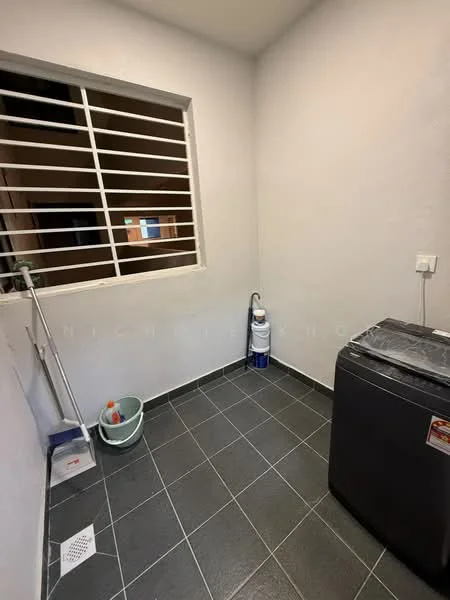 Laundry features: grey ceramic tile flooring, white painted walls, window with security bars, washing machine, laundry bucket, cleaning supplies, water filter, shelf for storage.