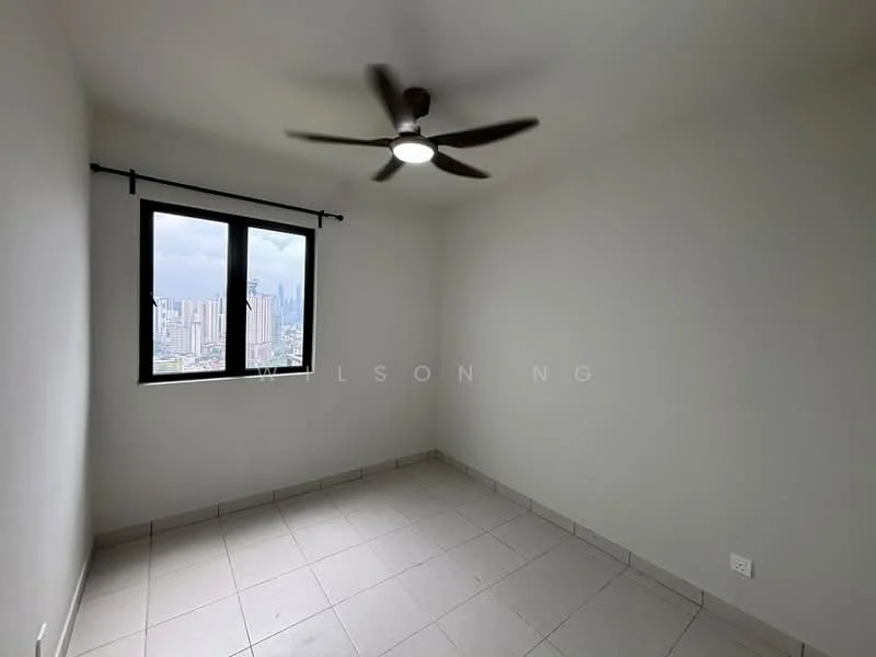 Room features: light grey painted walls, tile flooring, 5-blade ceiling fan with light, floor-to-ceiling window, city skyline view; style: modern; view: city.